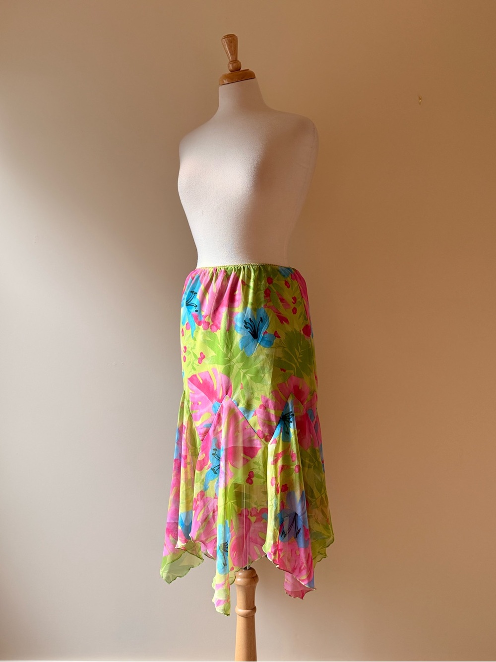 Y2K Tropical Floral Handkerchief Hem Midi Skirt Neon Green Pink